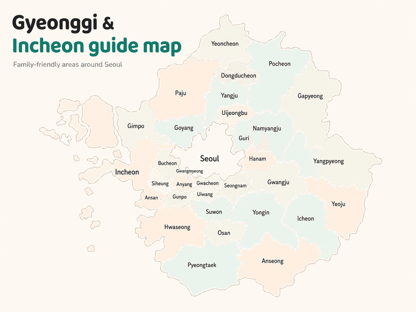 Illustrated Gyeonggi and Incheon guide map with English city labels