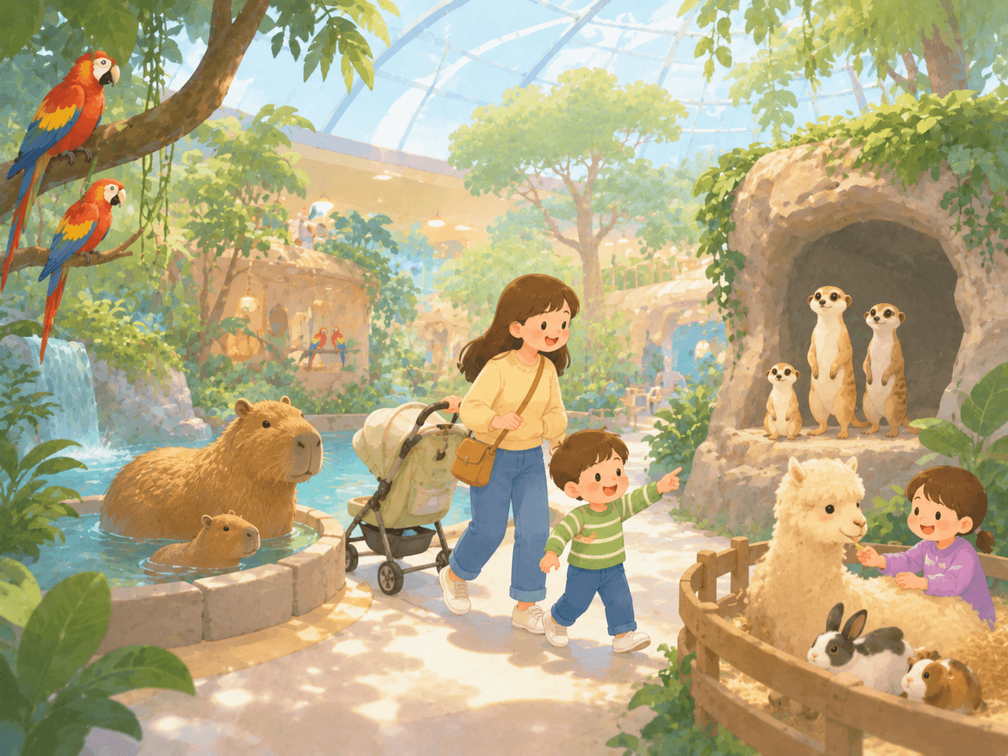 Illustrated indoor rainforest animal theme park scene with children and gentle animals