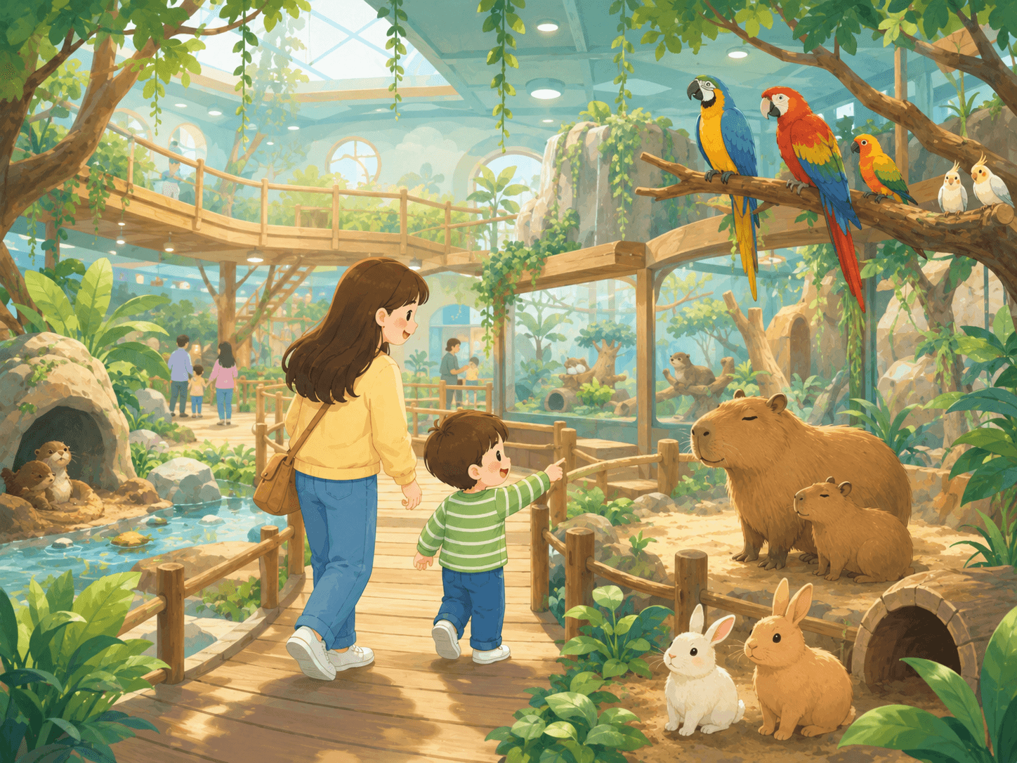 Illustrated indoor animal theme park scene with children and gentle animals