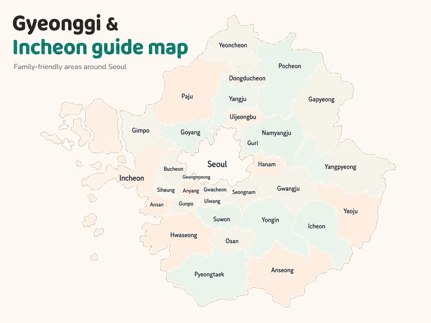 Illustrated Gyeonggi and Incheon guide map with English city labels