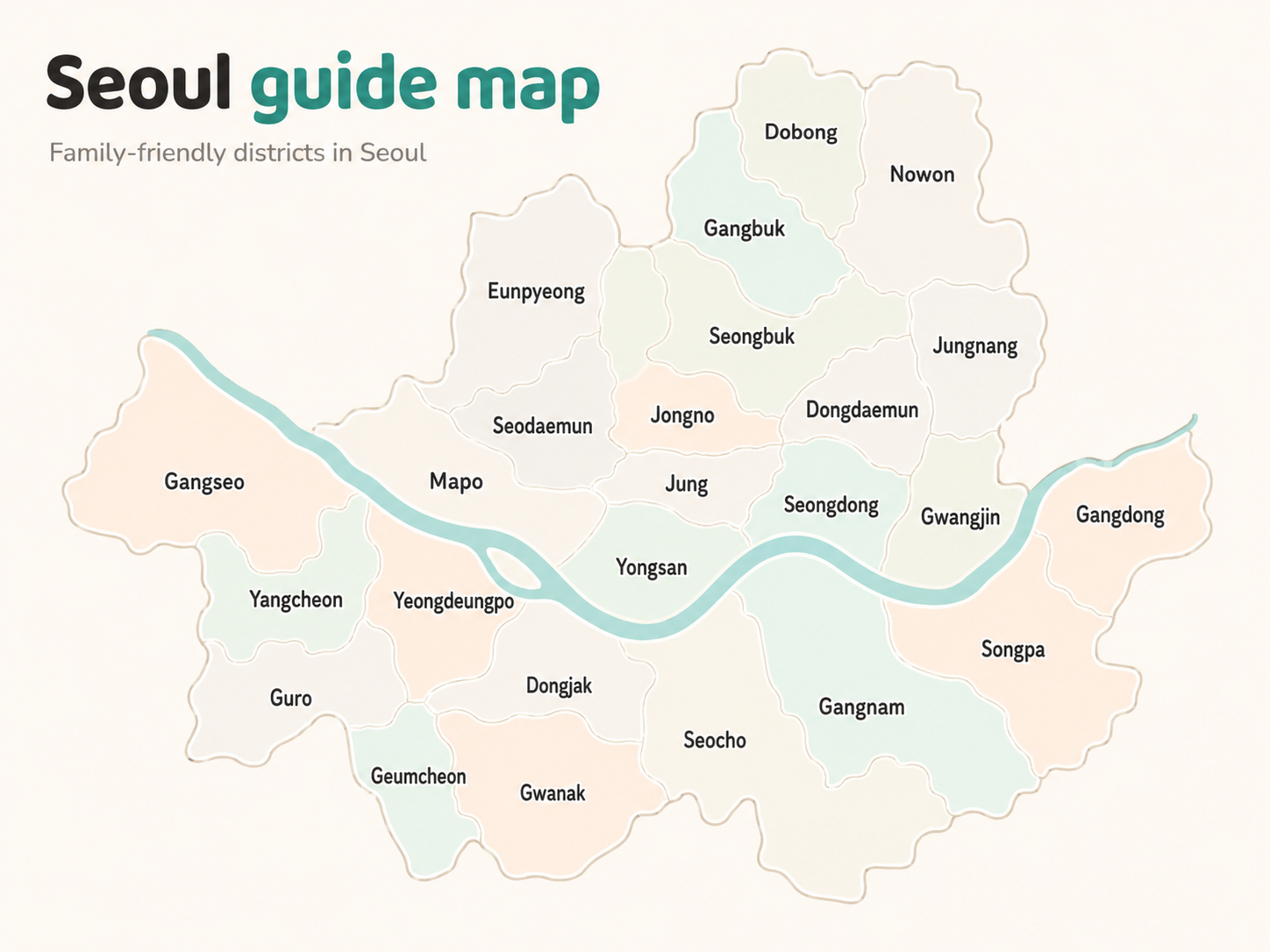 Illustrated Seoul guide map with English district labels