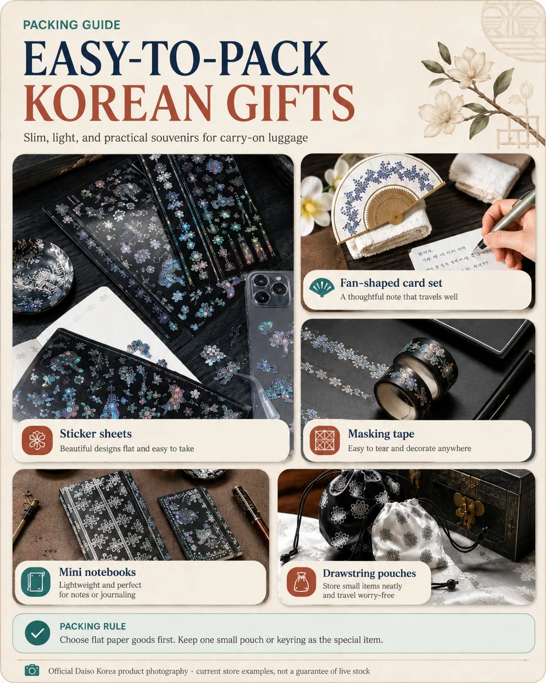 Guide image showing slim and easy-to-pack Daiso Korea souvenir ideas such as stickers, masking tape, mini notebooks and pouches.