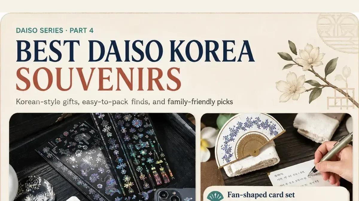 Blog card image for Daiso Korea souvenirs guide showing title and Korean-style gift collage