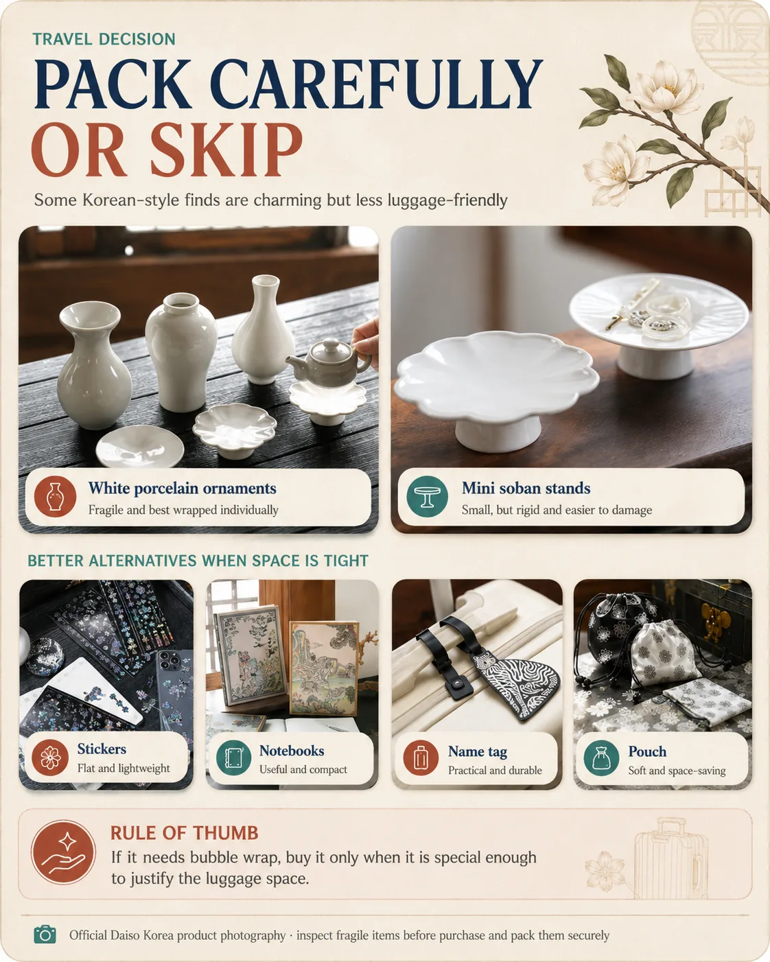 Guide image comparing fragile Daiso Korea souvenirs with easier luggage-friendly alternatives.