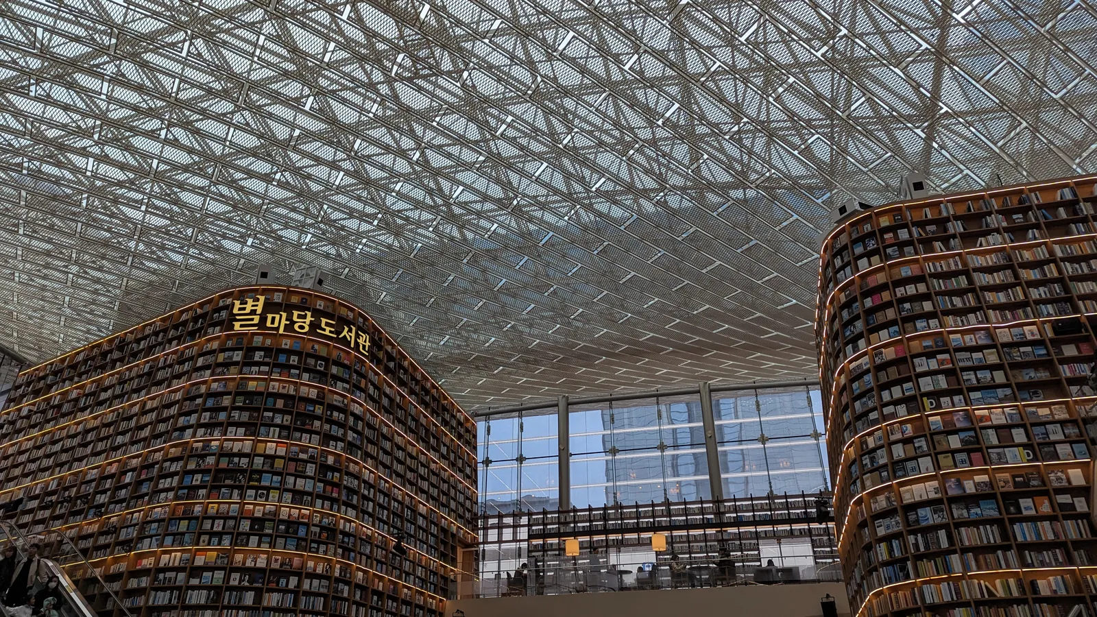 Tall curved bookshelves inside Starfield Library at COEX Mall in Seoul