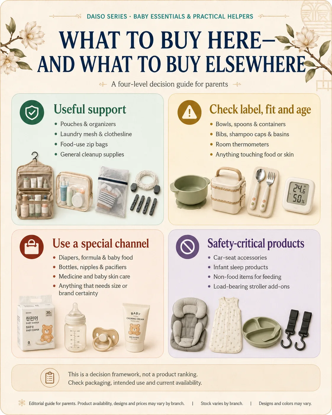 Four-level buy, check, elsewhere and do-not-improvise matrix for Daiso parenting helpers