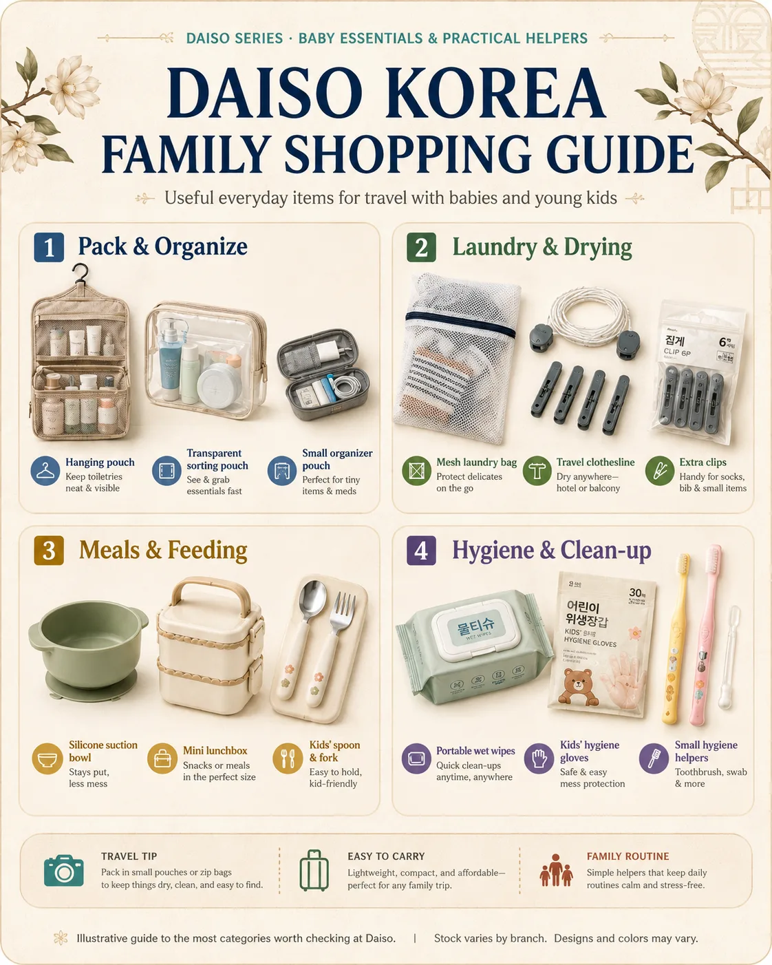 Illustrative Daiso parenting shopping guide image showing packing, laundry, meals, and hygiene categories.