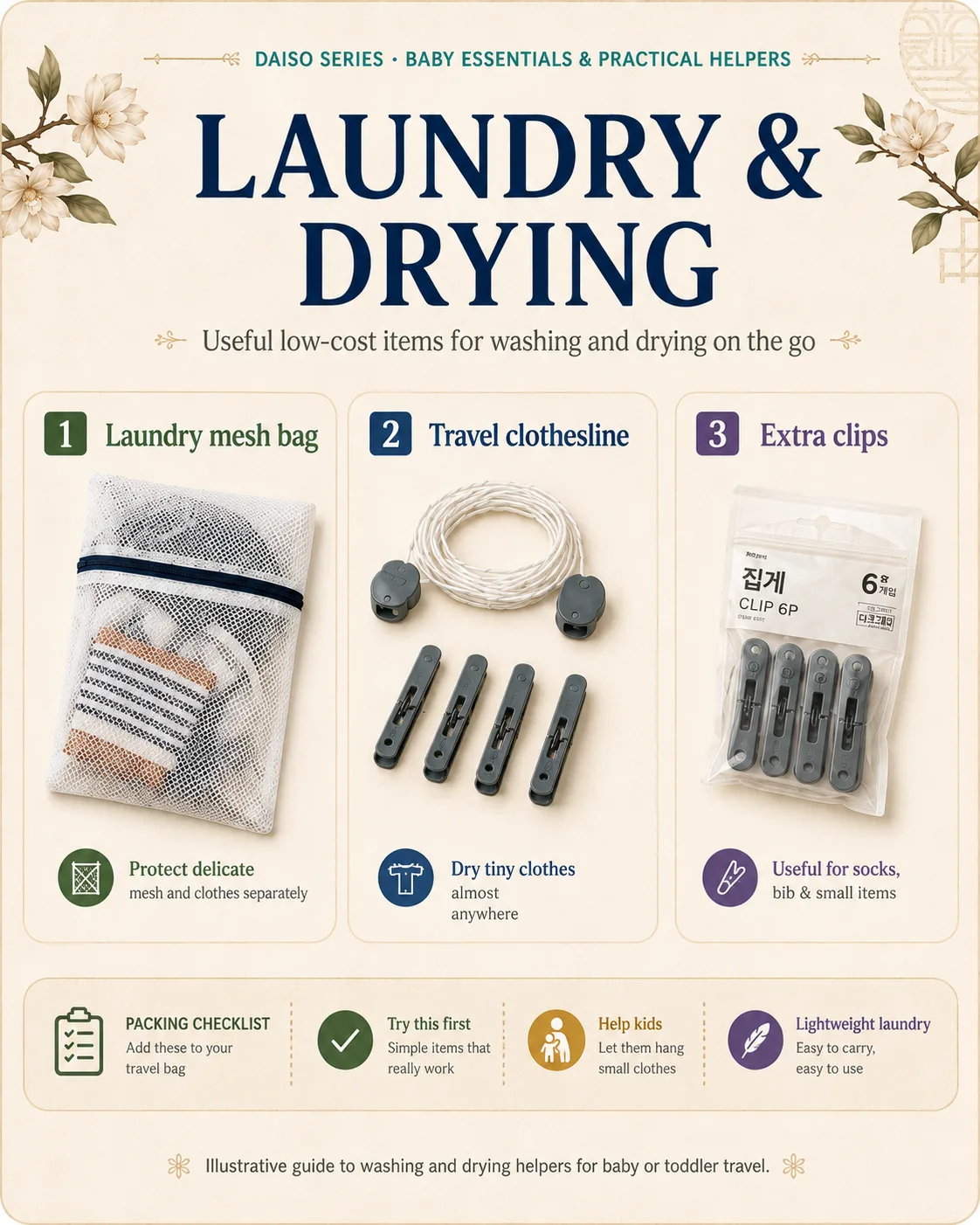Illustrative shopping guide image showing travel laundry helpers such as a mesh bag, clothesline, and clips.