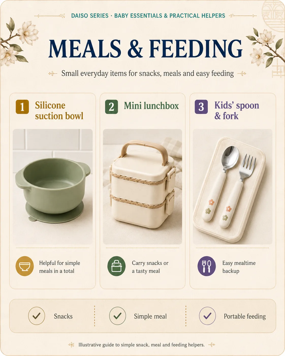 Illustrative shopping guide image showing feeding helpers such as a bowl, lunchbox, and children’s utensils.