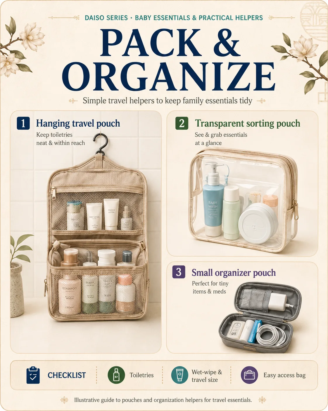 Illustrative shopping guide image showing pouches and travel organizers for small family essentials.
