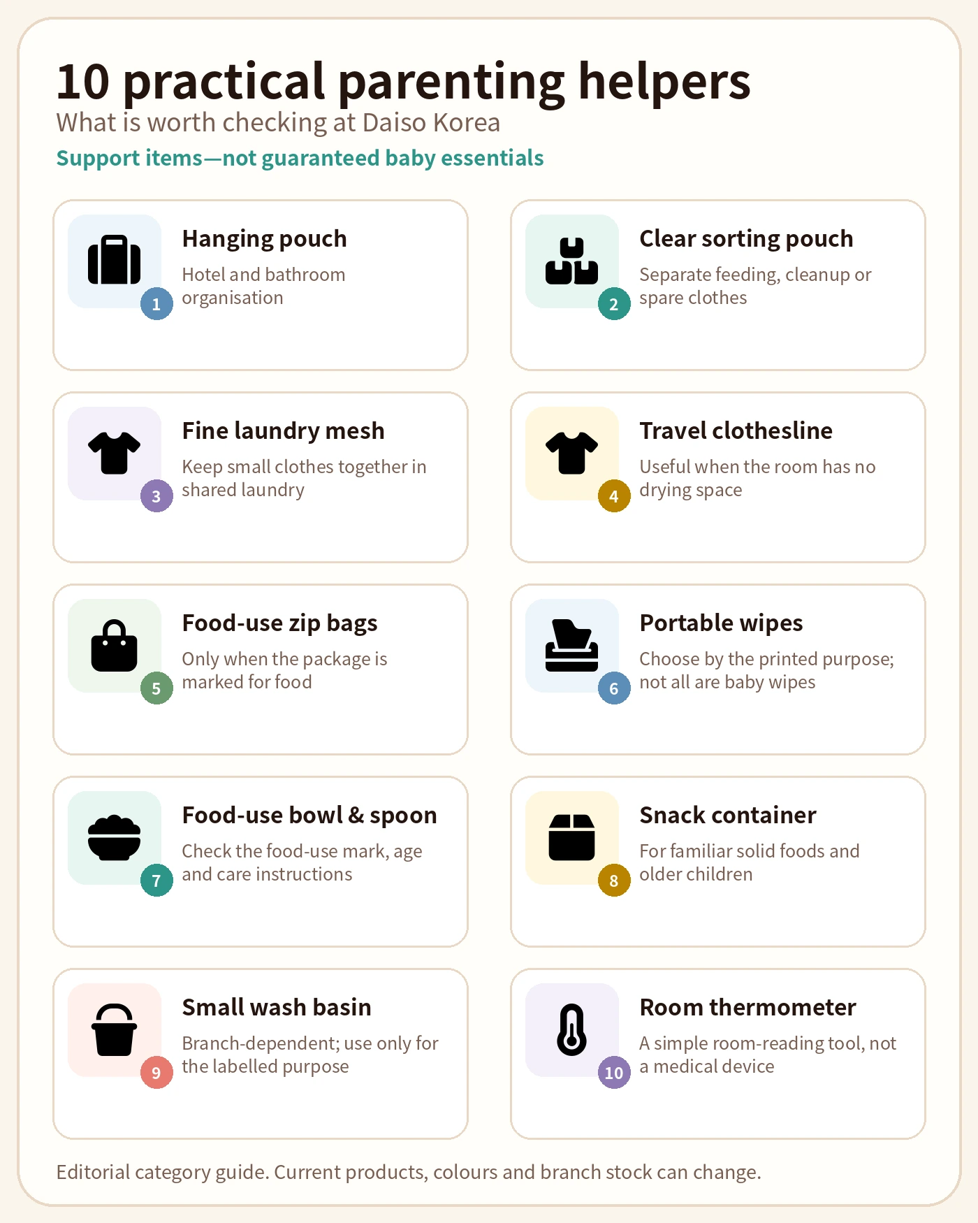 Ten practical parenting-helper categories for Daiso shopping