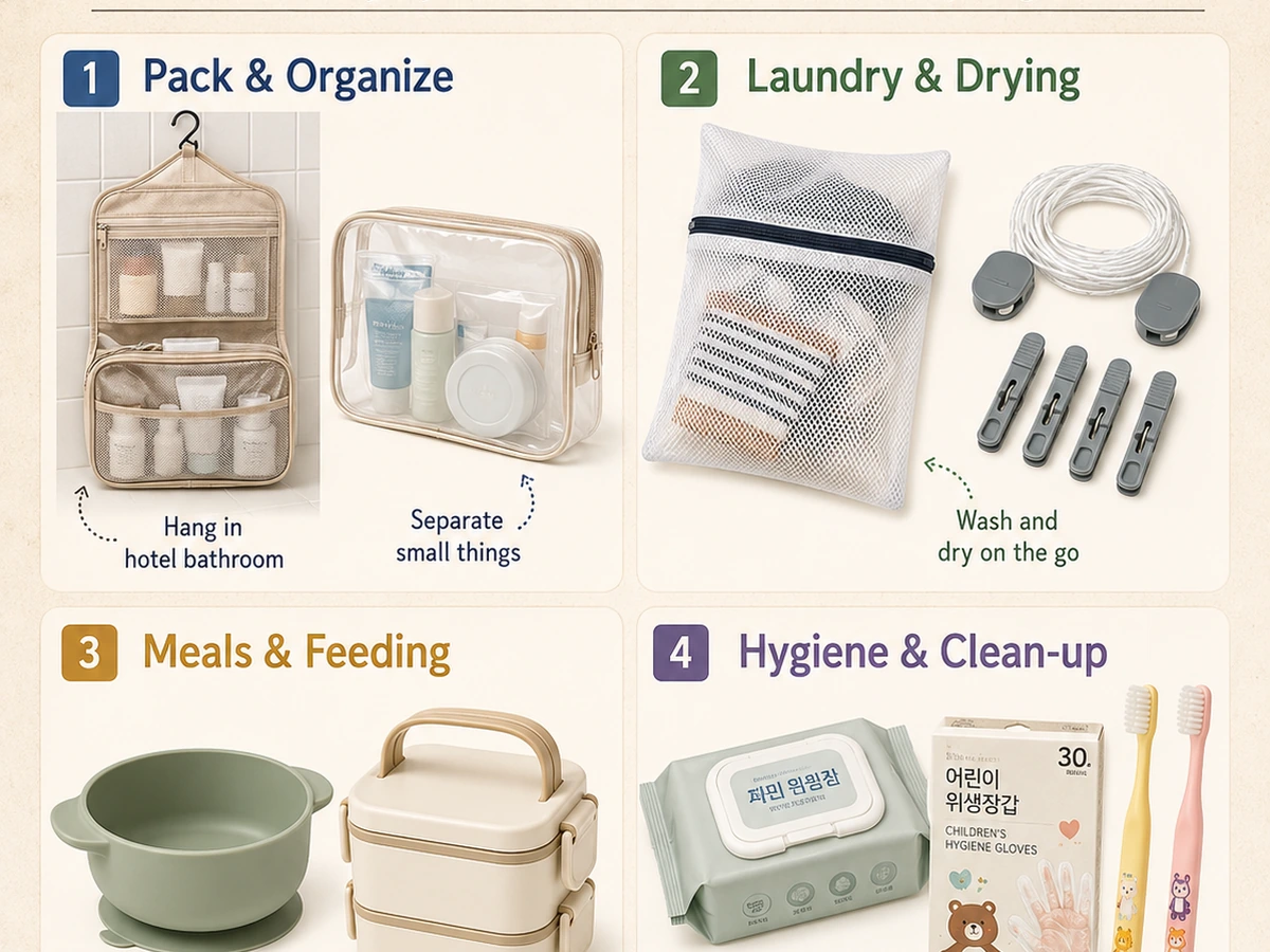 Illustrative Daiso parenting shopping guide card showing packing, laundry, meals, and hygiene categories
