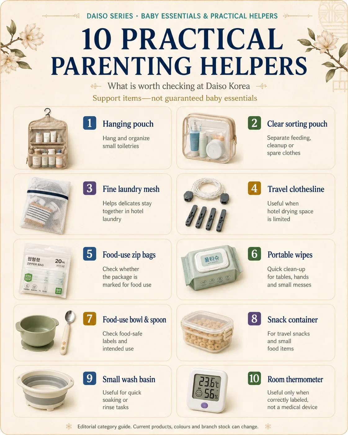 Ten practical parenting-helper categories for Daiso shopping