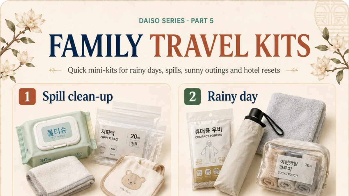 Blog card image for Daiso Korea family travel kits guide showing four mini-kit categories