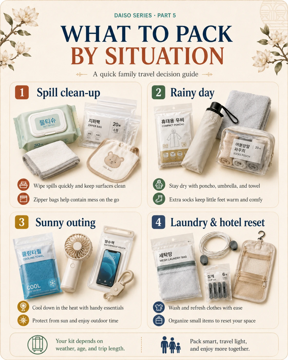 Four-panel guide showing what families can pack for spill clean-up, rainy days, sunny outings and laundry or hotel resets.
