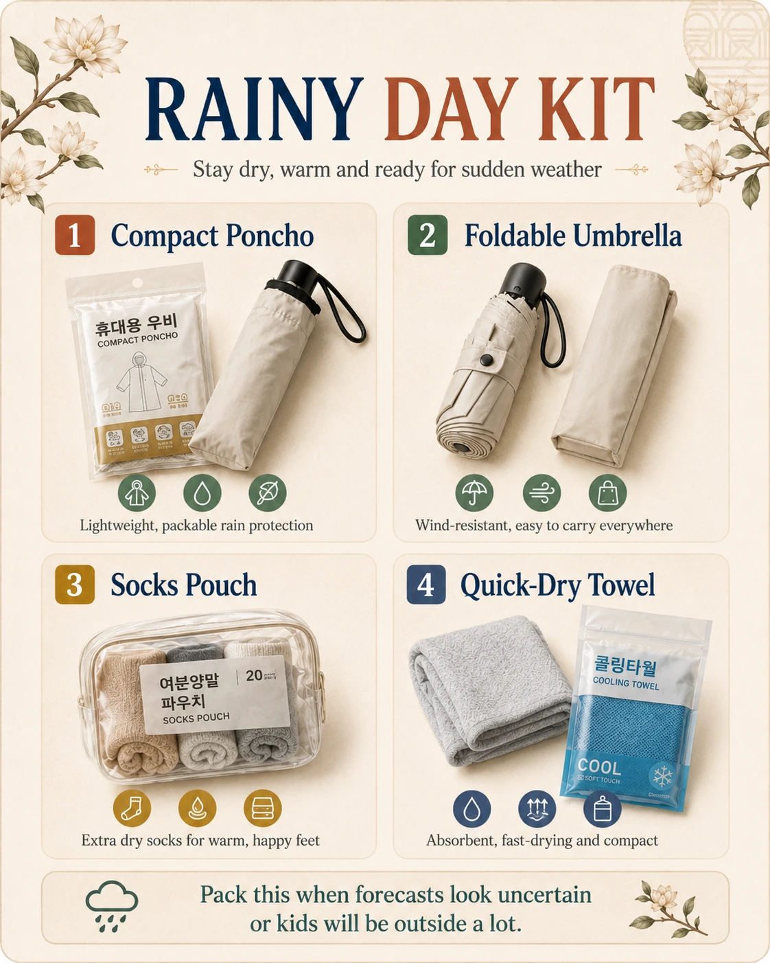 Two-column rainy-day kit showing a compact poncho, folding umbrella, socks pouch and quick-dry towel.