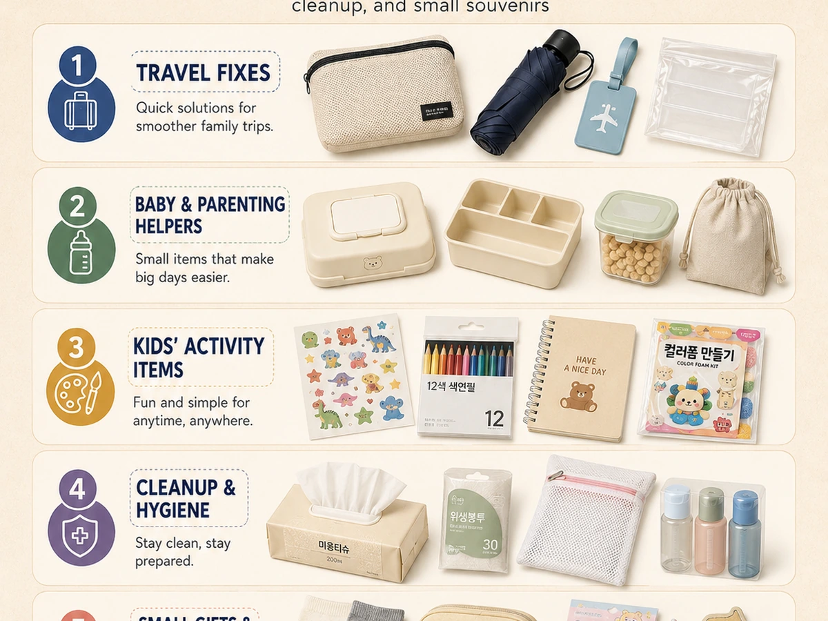 Illustrative Daiso family shopping guide card showing five broad family-shopping categories