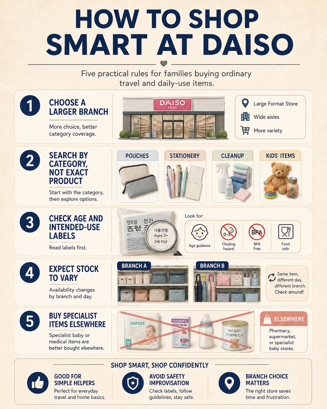 Illustrative Daiso shopping guide image showing how to choose a larger branch, shop by category, check labels, expect stock variation, and buy specialist items elsewhere.