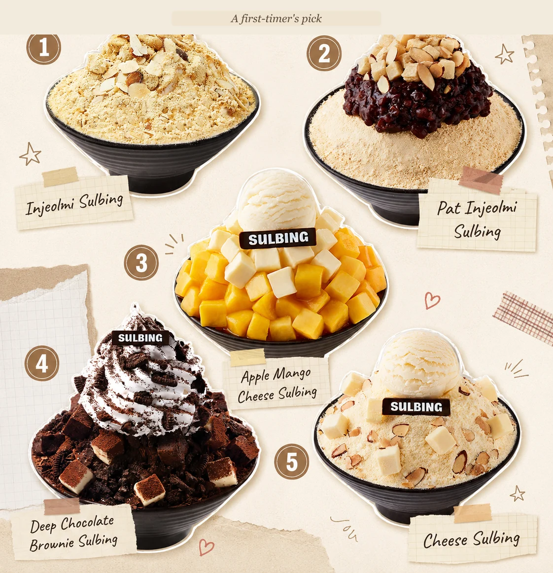 Scrapbook-style collage of five Sulbing starter bowls: Injeolmi Sulbing, Pat Injeolmi Sulbing, Apple Mango Cheese Sulbing, Deep Chocolate Brownie Sulbing and Cheese Sulbing.