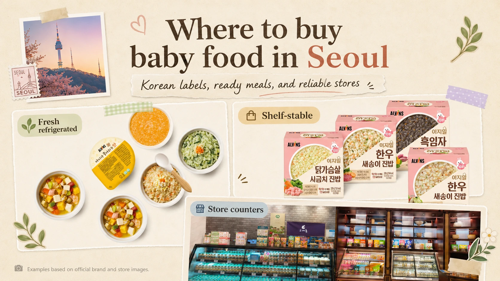 Illustrative editorial collage of refrigerated baby meals, shelf-stable travel packs and specialist counters in Seoul