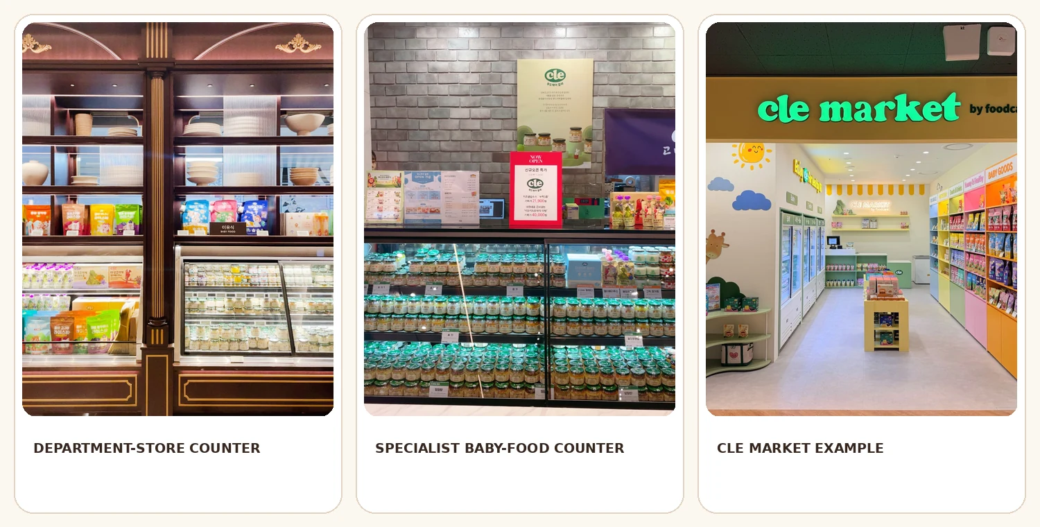 Visual overview of supermarket and specialist counter options for buying baby food in Seoul