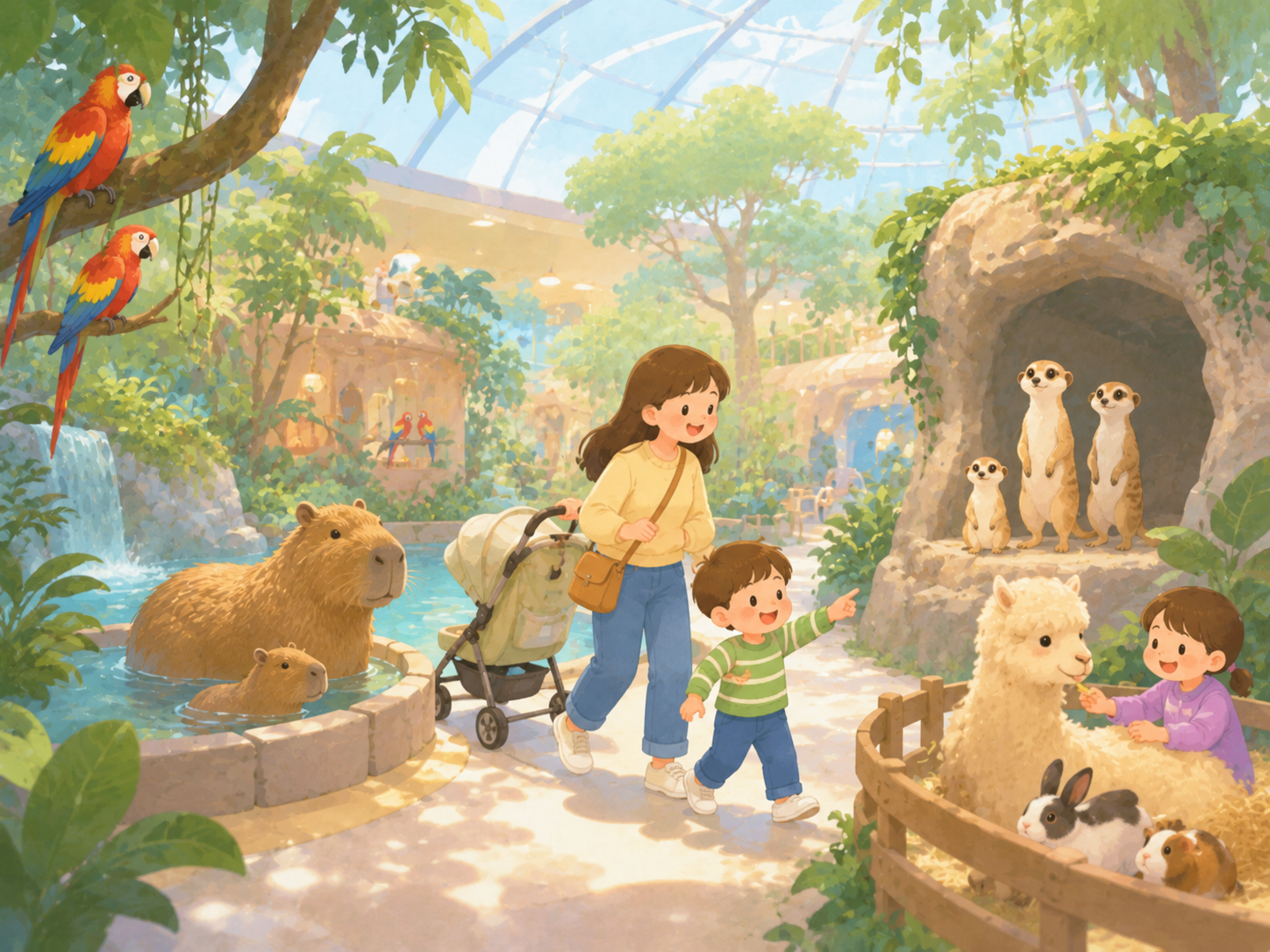 Illustrated indoor rainforest animal theme park scene with children and gentle animals