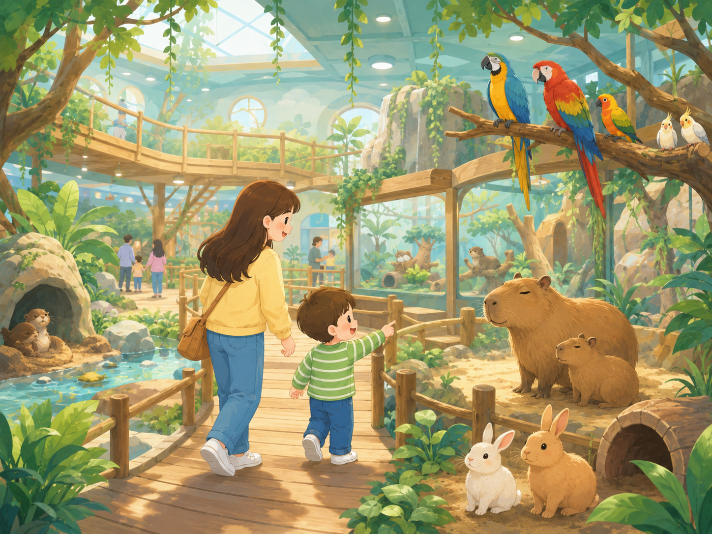 Illustrated indoor animal theme park scene with children and gentle animals